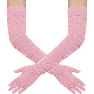 Women's Pink Stretchy Tulle Spandex Mesh Sheer Satin Long Gloves Party Prom
